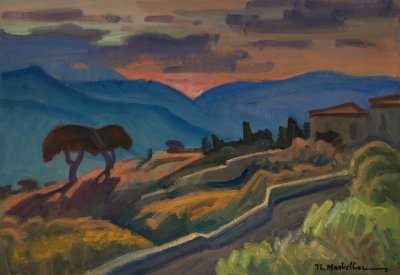 Landscape with Twilight — Oil painting, Fiberboard, 36.00×51.00cm — Theodoros Markellos